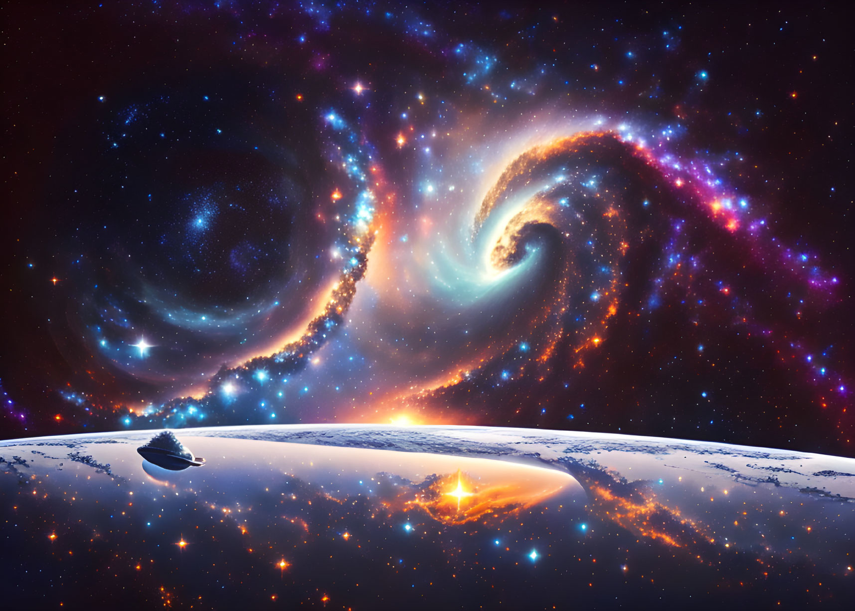 Swirling galaxy, stars, and spaceship on planet's surface