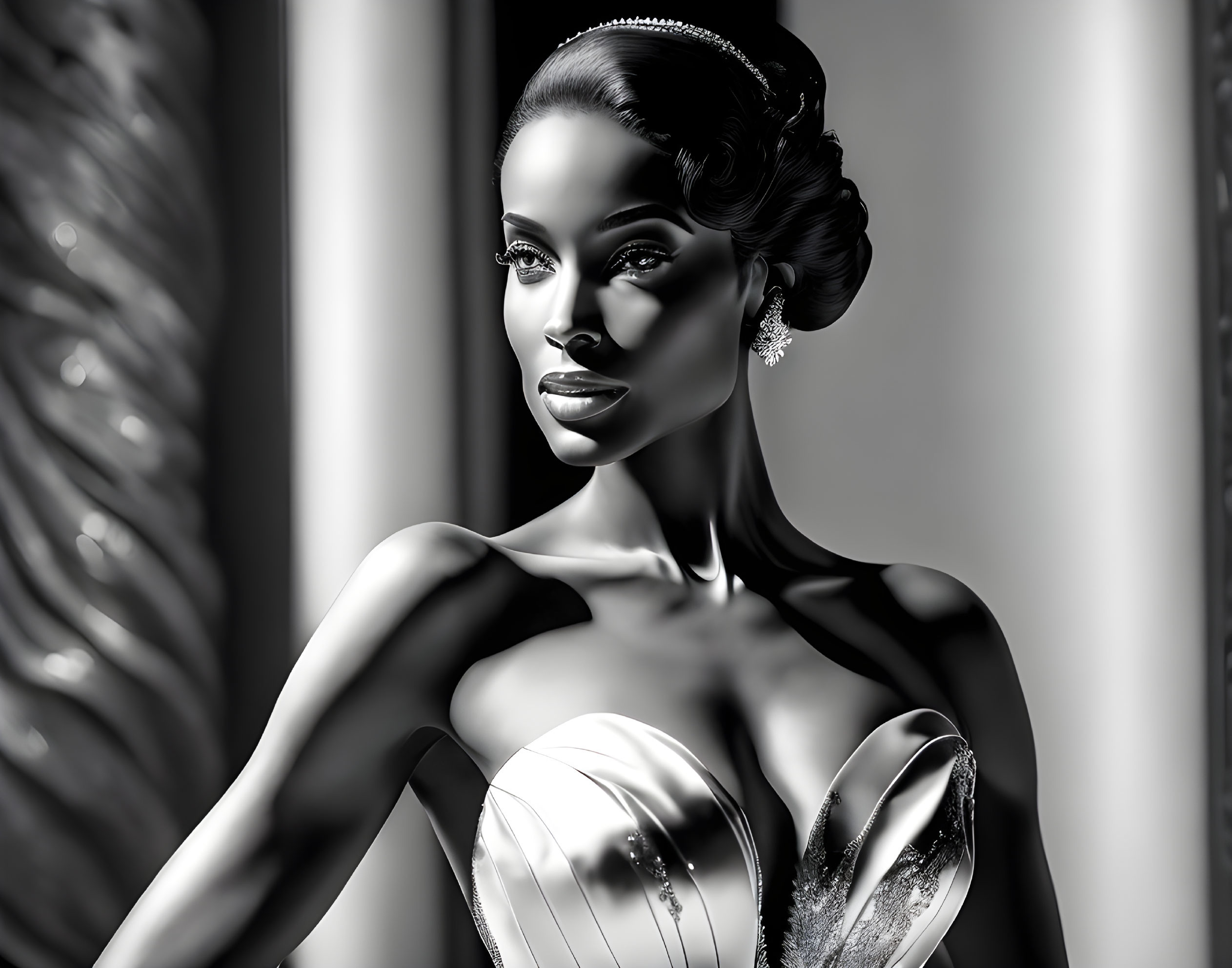 Monochrome portrait of woman in updo hairstyle and strapless gown