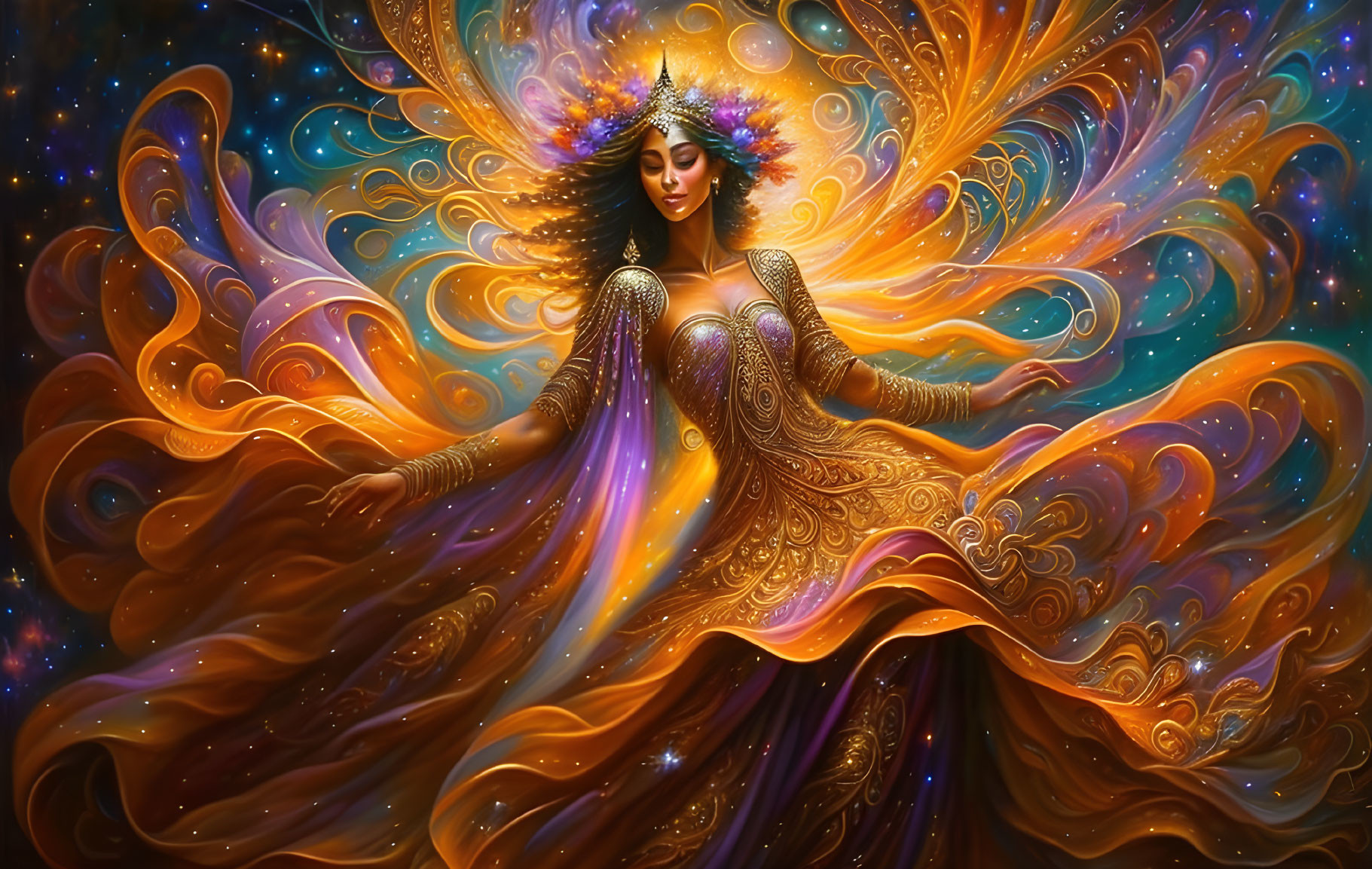 Mystical woman in ornate attire surrounded by cosmic colors and star patterns