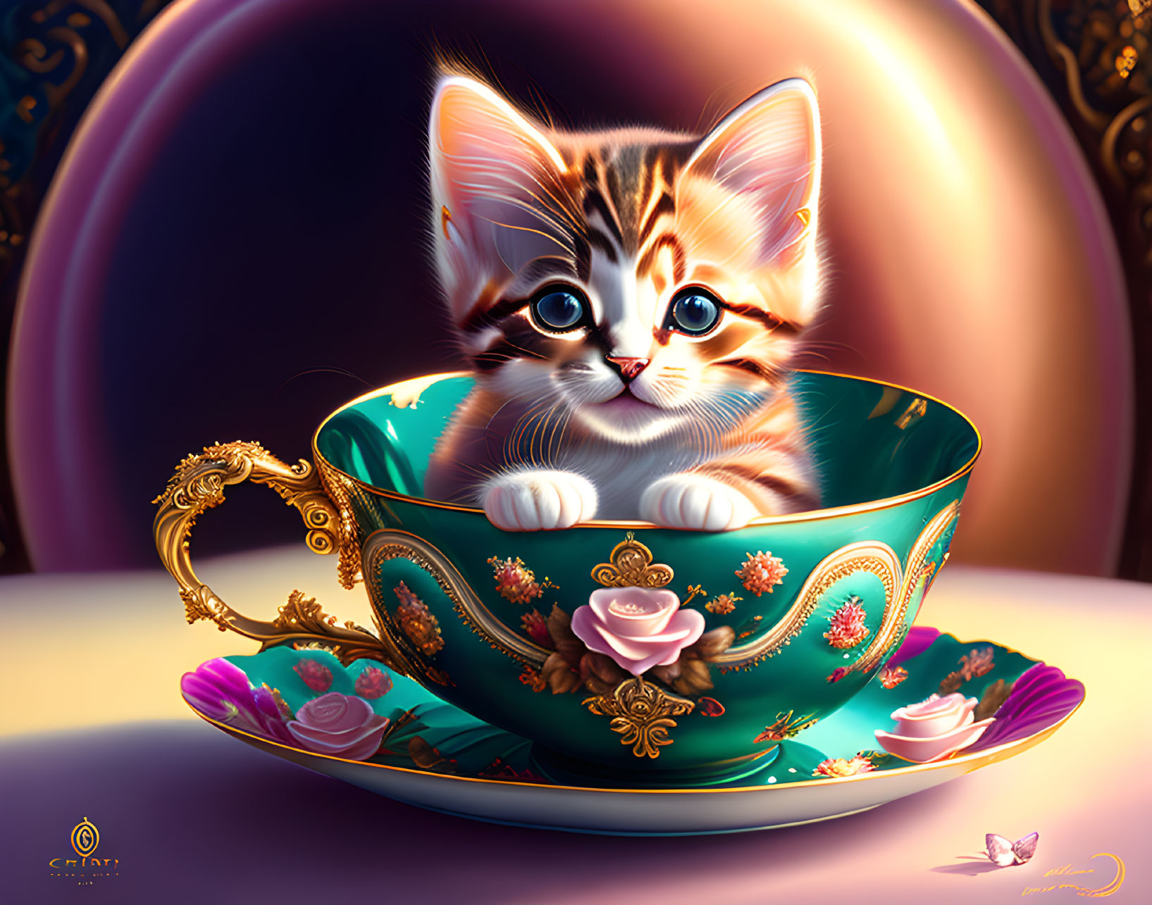 Striped kitten in teal cup with rose motifs and gold accents