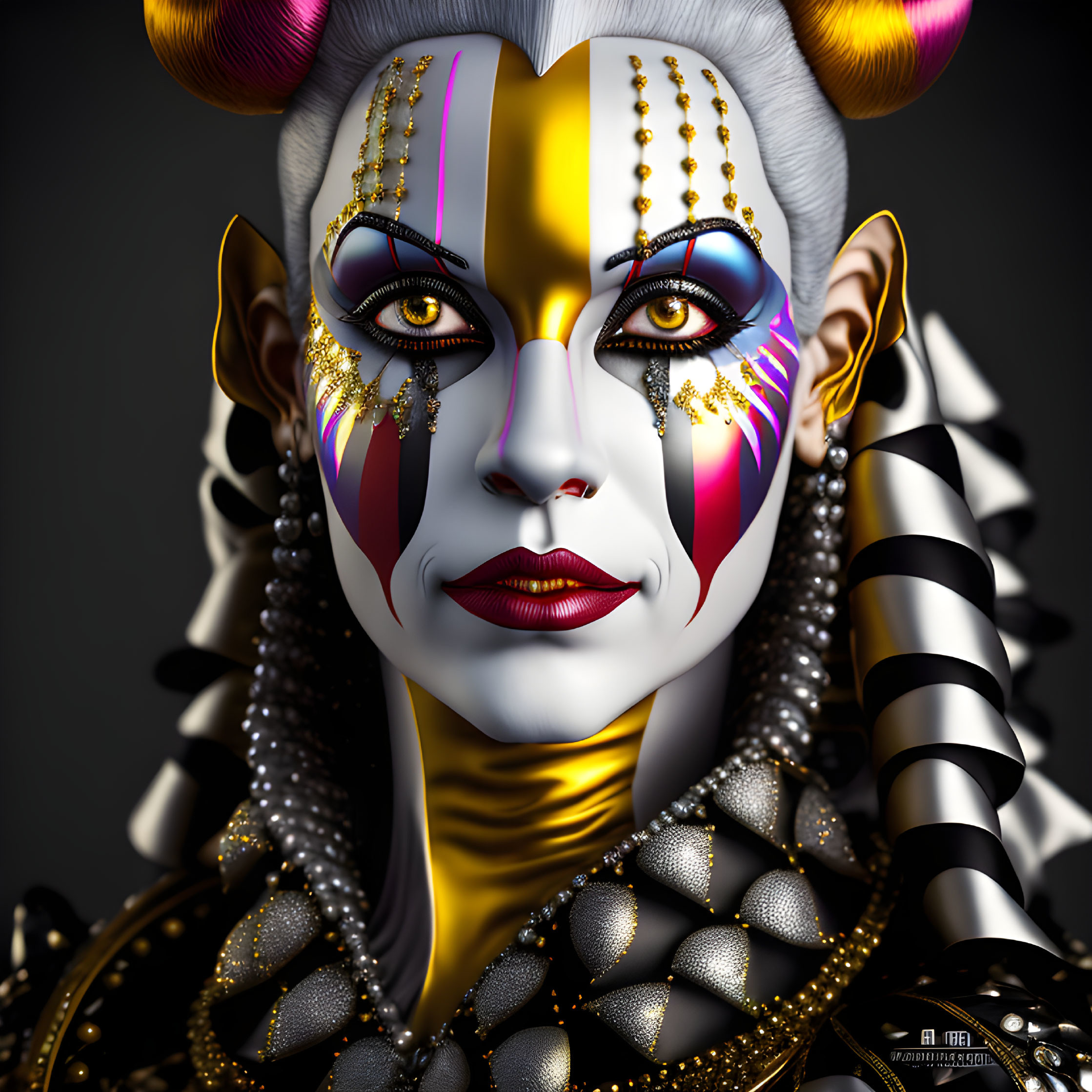 Stylized 3D illustration of person with intricate face paint and horns