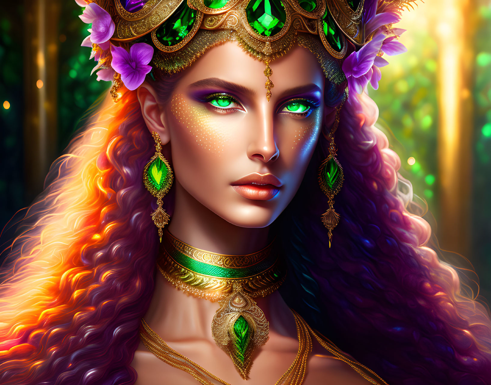 Portrait of a woman with green eyes and golden crown in enchanted forest