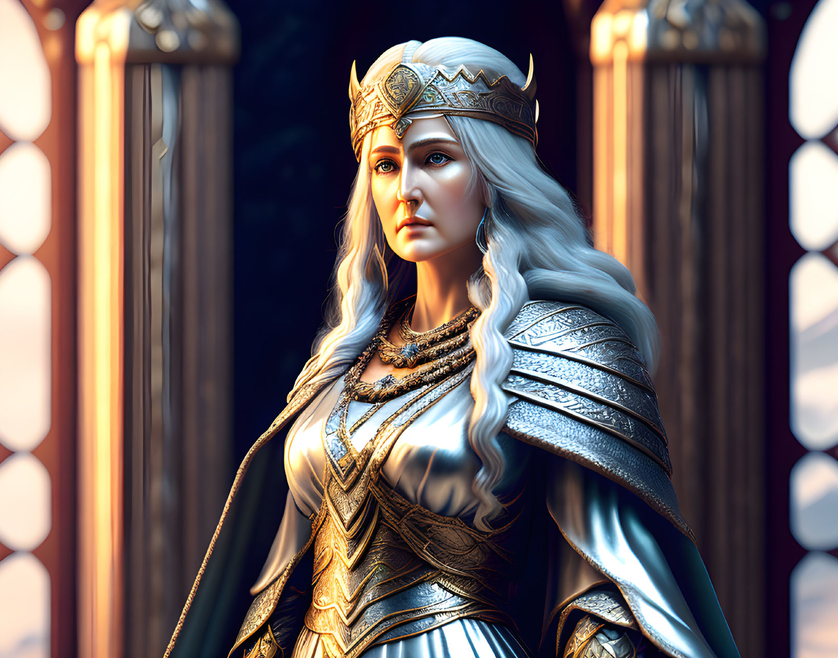 Female character in silver armor and crown, white hair, standing by stone pillars.