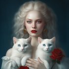 Illustration of woman with blonde hair, blue eyes, and two white cats on dark backdrop