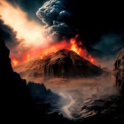 Fantastical dragon with lava body in fiery landscape