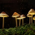 Glowing mushroom sculptures in dark woodland landscape