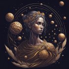 Regal woman in golden attire with cosmic swirls and lanterns.