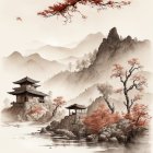 Detailed Asian-style landscape art with fantasy elements