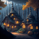 Whimsical Halloween-themed illustration of spooky cottage with pumpkins, eerie trees, bats, and full