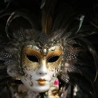 Intricate Venetian Mask with Golden Designs and Peacock Feathers