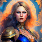 Digital artwork of fierce woman with red hair, green eyes, elven ears, and ornate armor