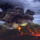 Ancient temple on cliff in stormy sky with lightning, lava landscape, distant onlookers