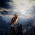 Colorful bird on branch in mystical night landscape with moon and flowers