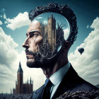 Digital artwork of man with mechanical head against cloudy sky and cathedral spires