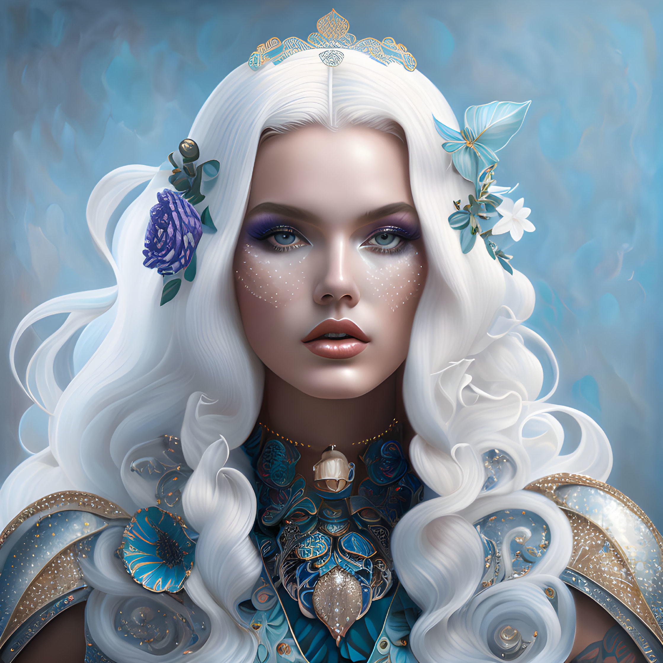 Fantasy portrait: Woman with white hair, gold & blue jewelry, butterflies, cool blue backdrop