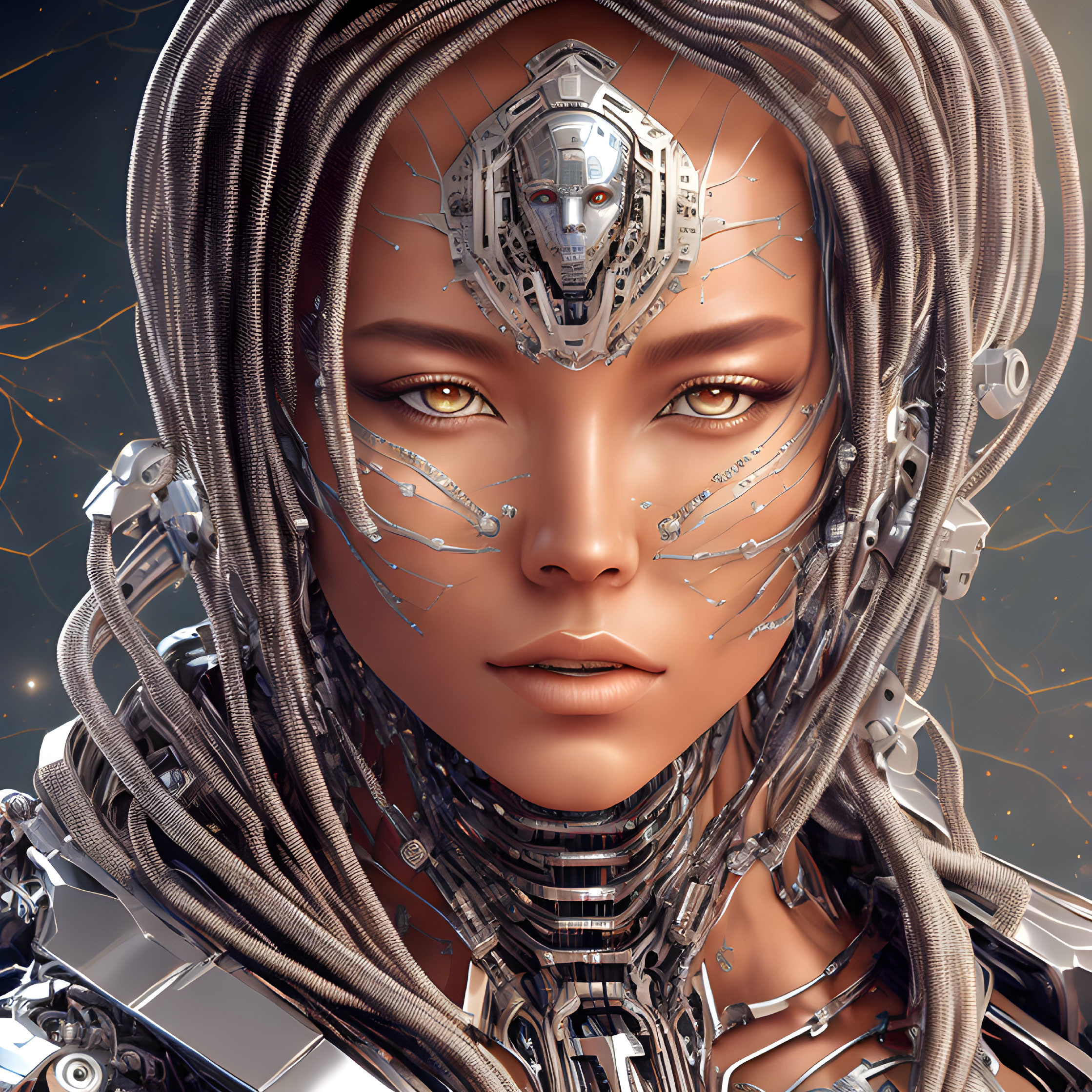 Detailed Close-Up Image: Female Humanoid Robot with Intricate Mechanical Features and Expressive Brown Eyes