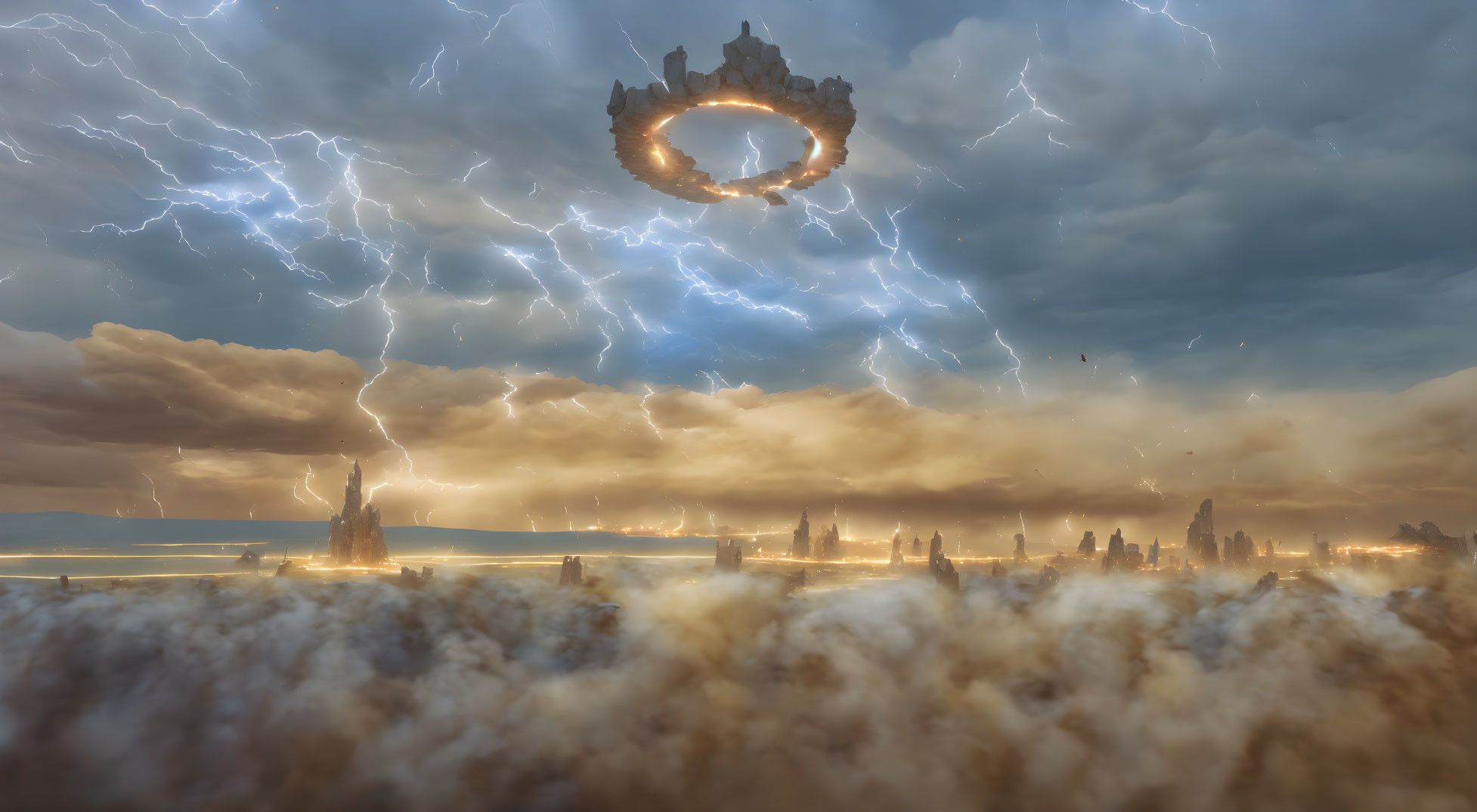 Apocalyptic landscape with fiery sky and floating ring structure