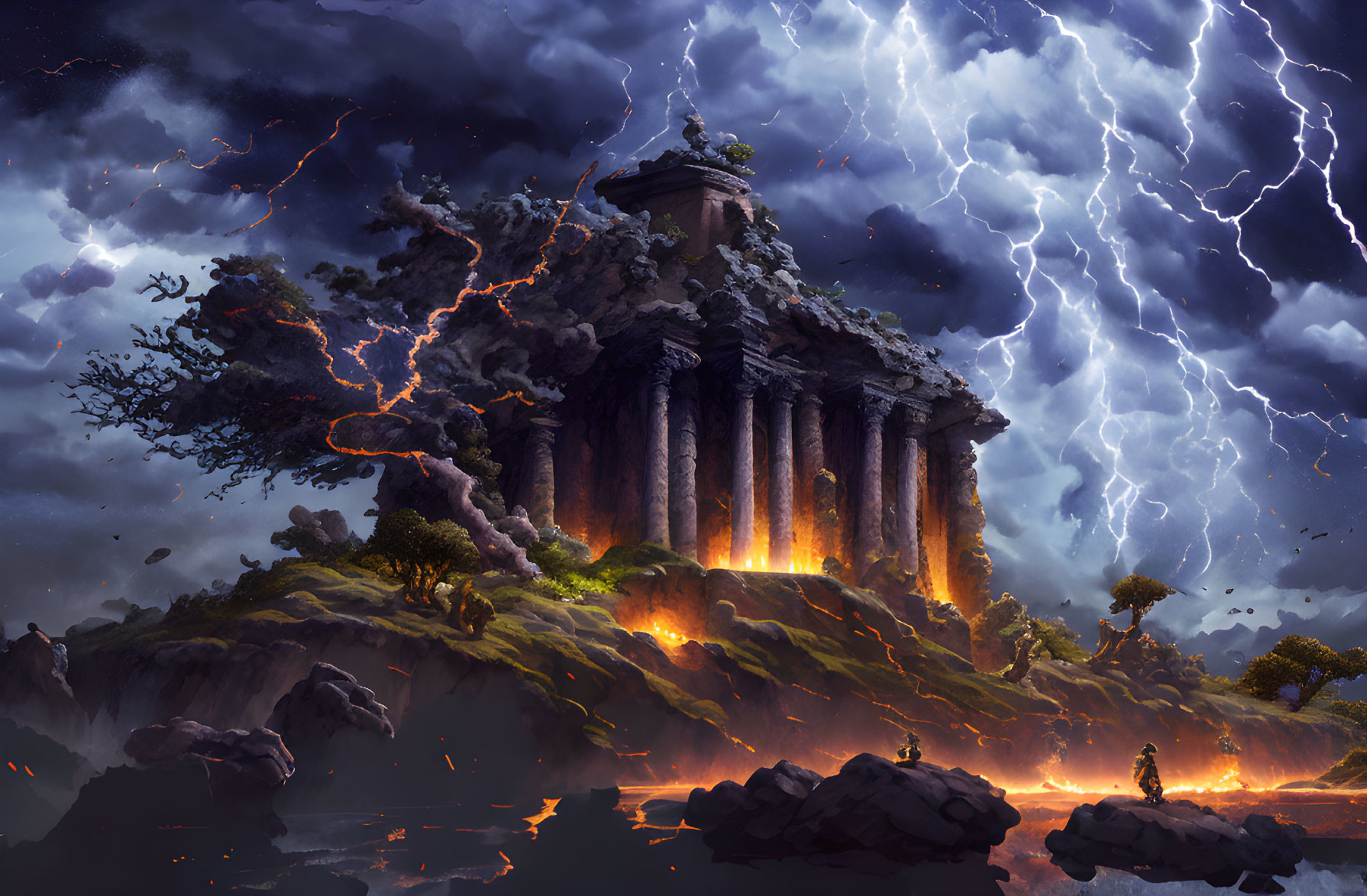 Ancient temple on cliff in stormy sky with lightning, lava landscape, distant onlookers