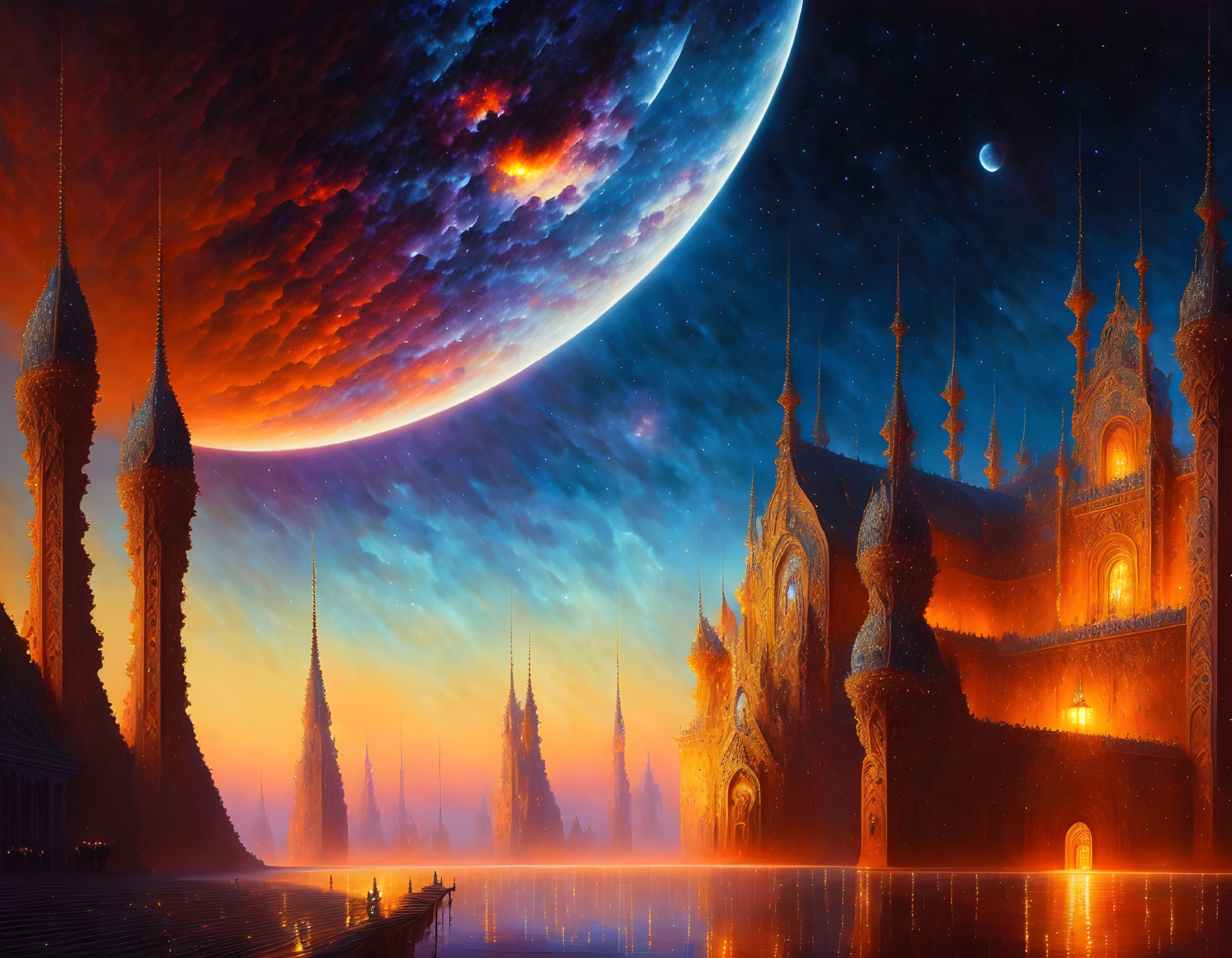 Ornate buildings and massive planet in vibrant fantasy landscape