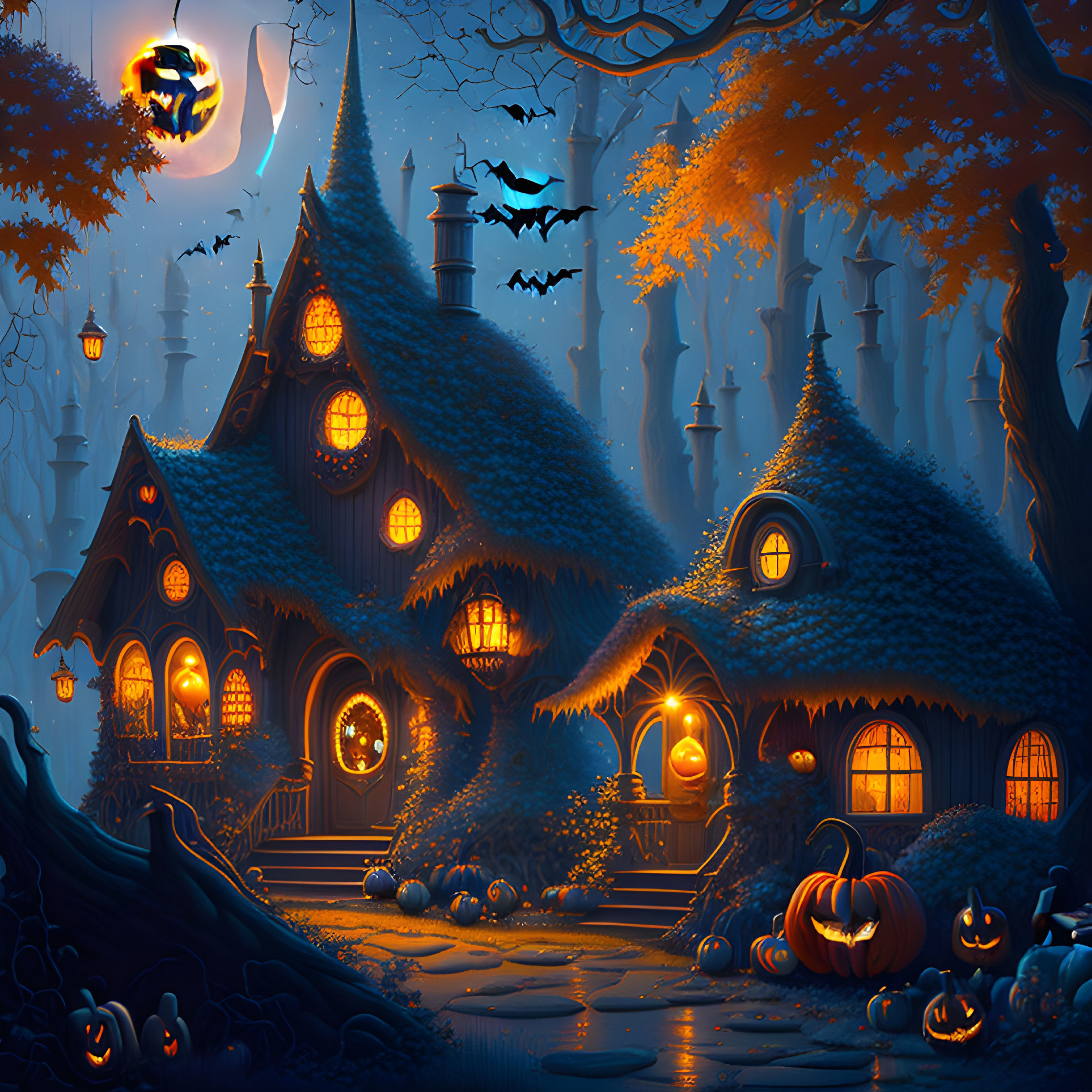 Whimsical Halloween-themed illustration of spooky cottage with pumpkins, eerie trees, bats, and full