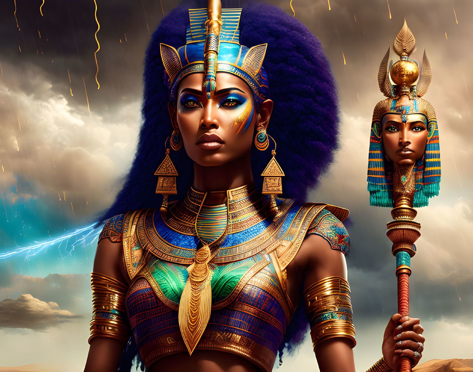 Digital artwork: Woman with afro styled as Egyptian queen in gold and blue regalia, under storm