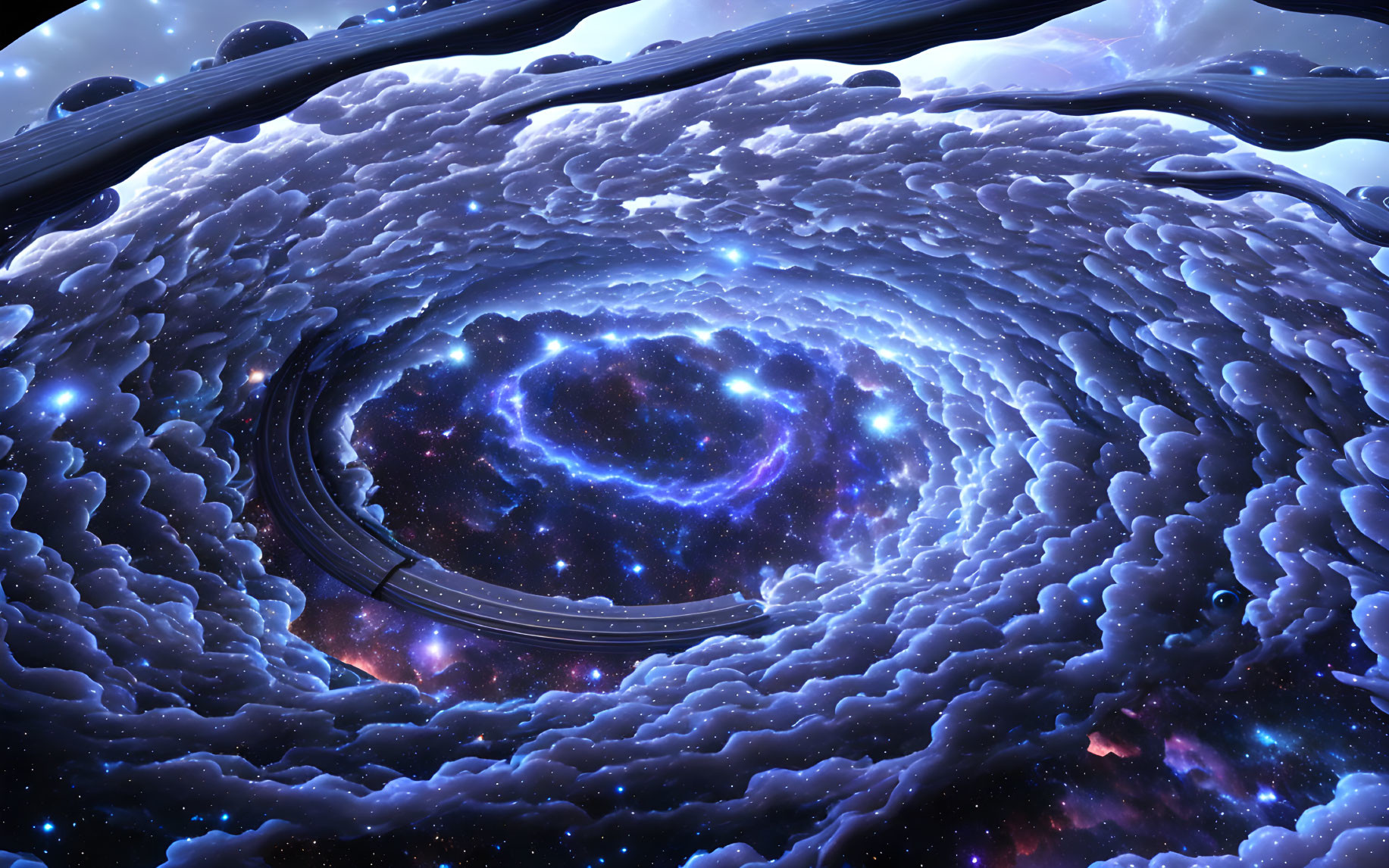 Surreal cosmic scene with spiral clouds, starry galaxy, glowing nebula, and dark structures