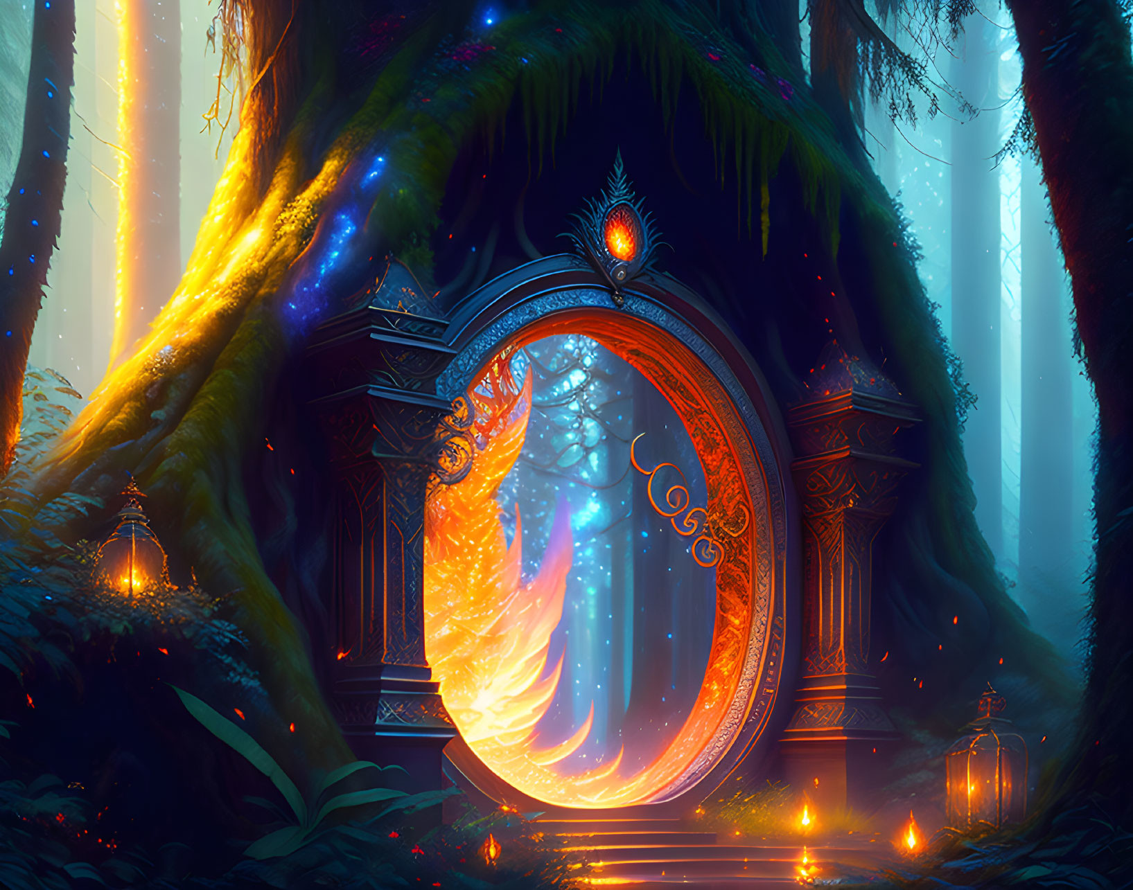 Mystical glowing portal in ornate forest scene