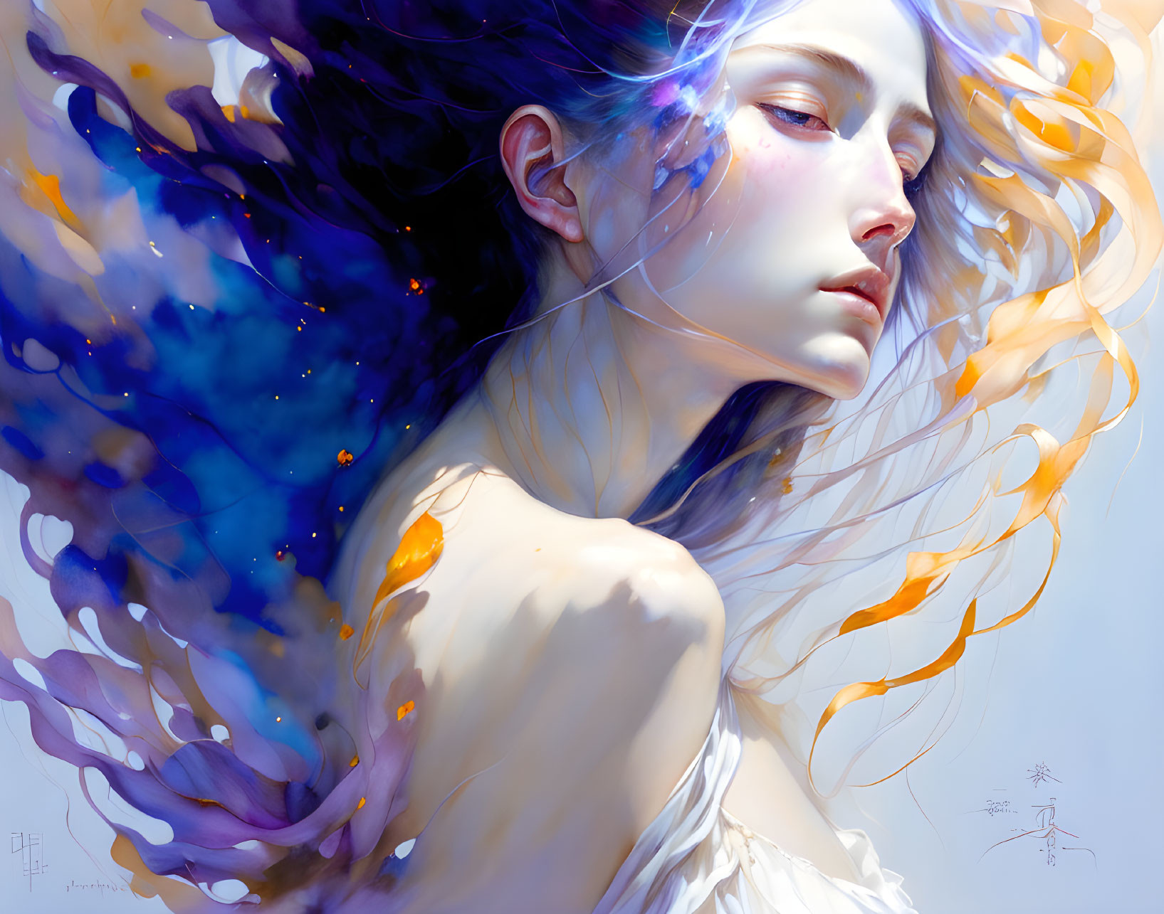 Cosmic-themed portrait of a woman with flowing hair in blues, purples, and gold