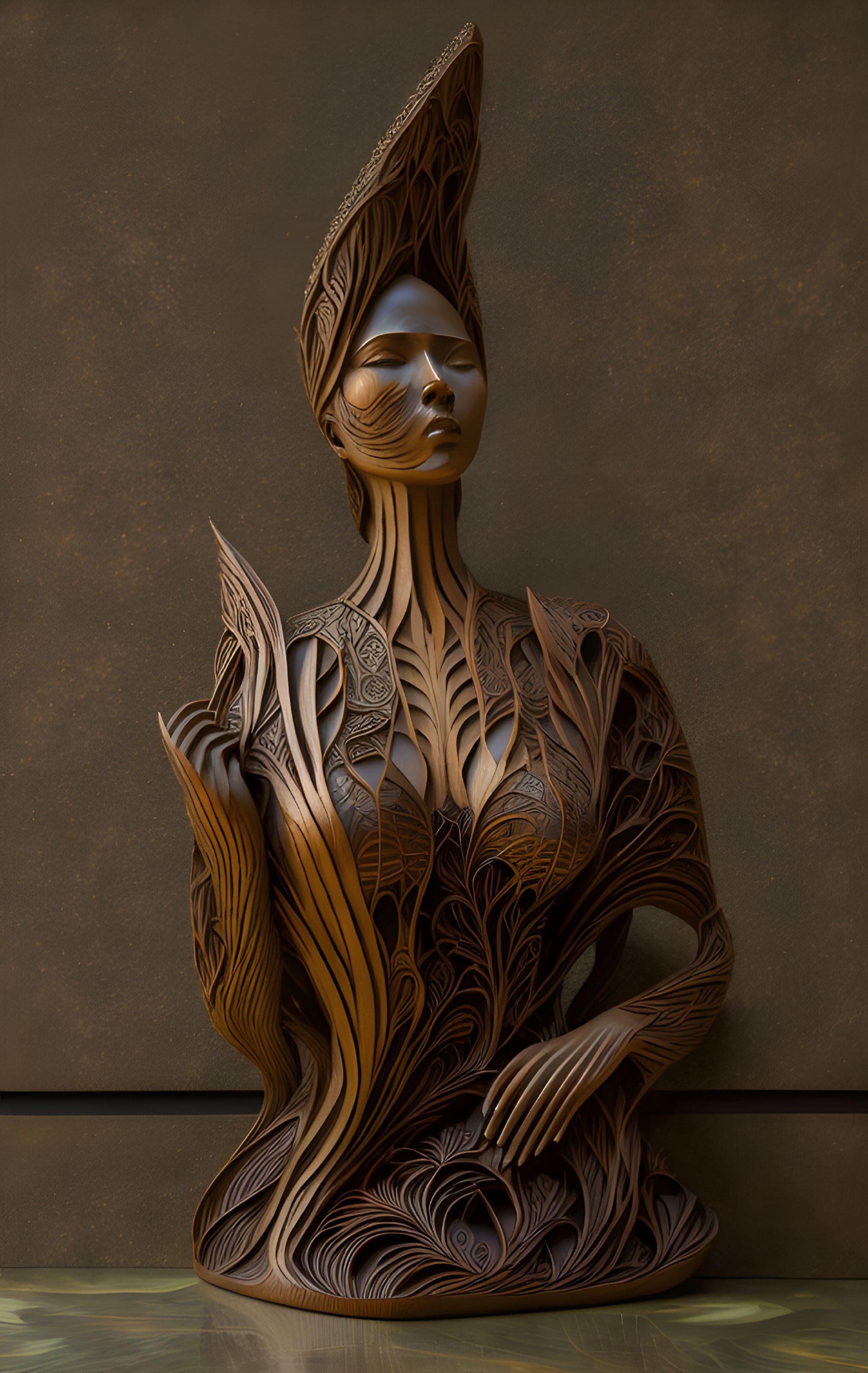 Intricate Wooden Sculpture of Stylized Woman with Tall Headdress