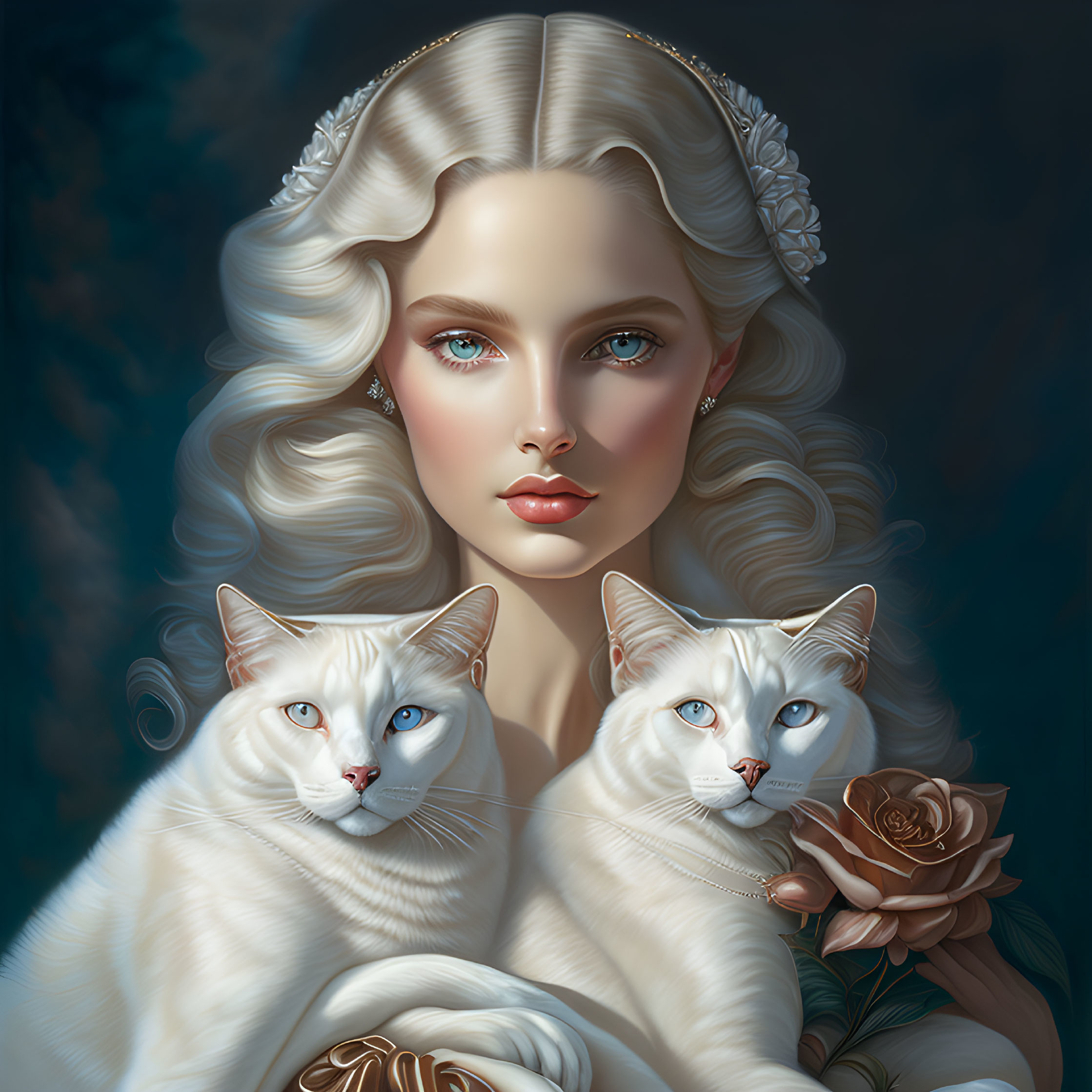 Illustration of woman with blonde hair, blue eyes, and two white cats on dark backdrop