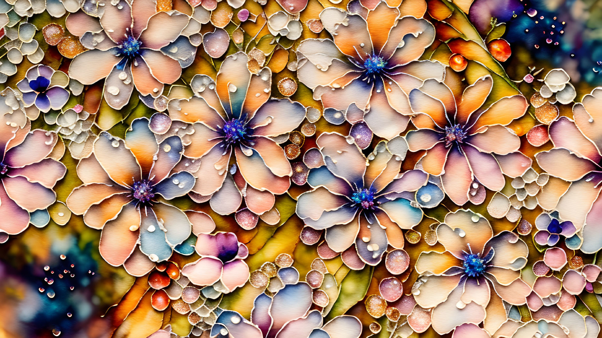 Close-up vibrant multicolored flowers with dewdrops: stained-glass effect