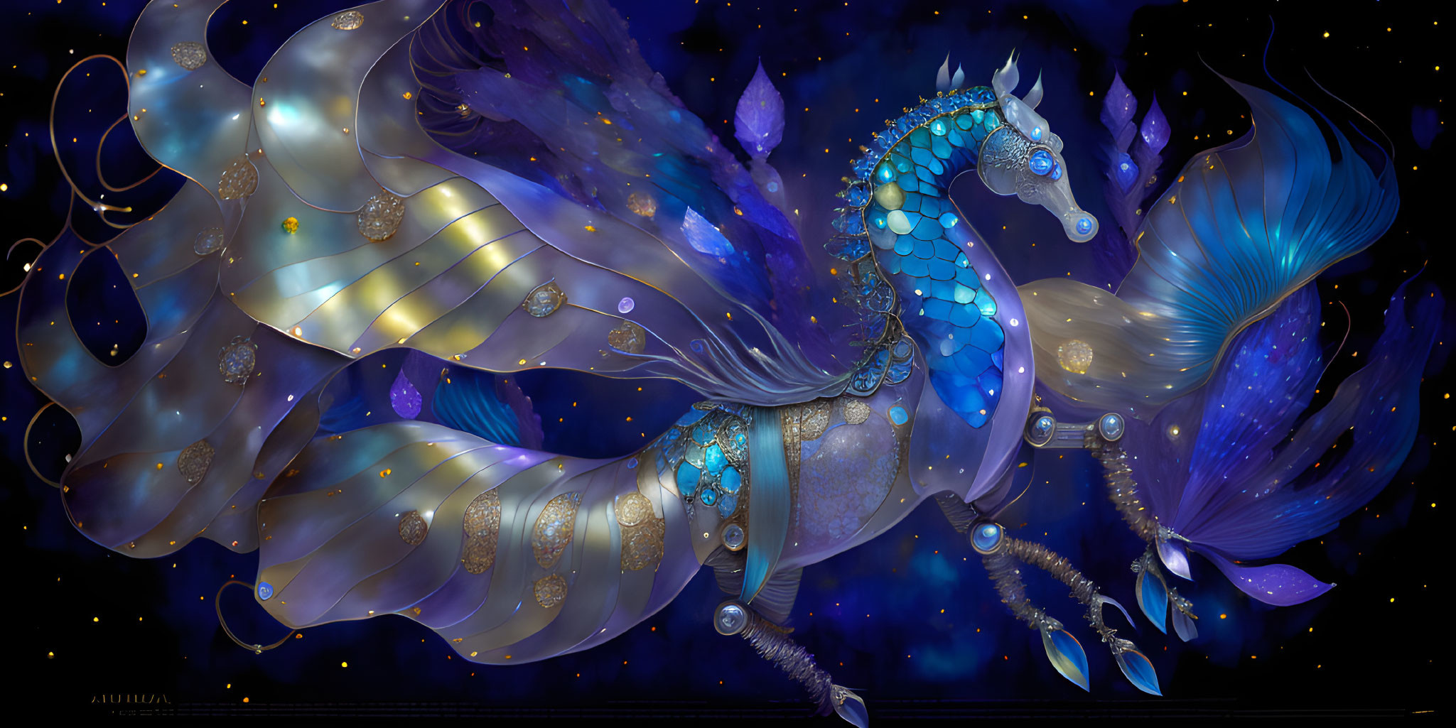 Iridescent Blue Seahorse with Ornate Fins in Deep-Sea Setting