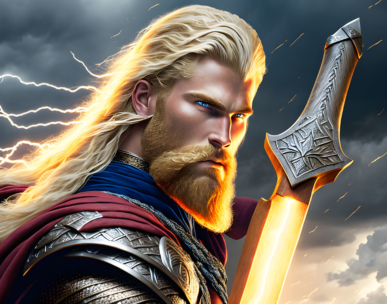 Blonde Bearded Warrior with Glowing Axe in Stormy Sky