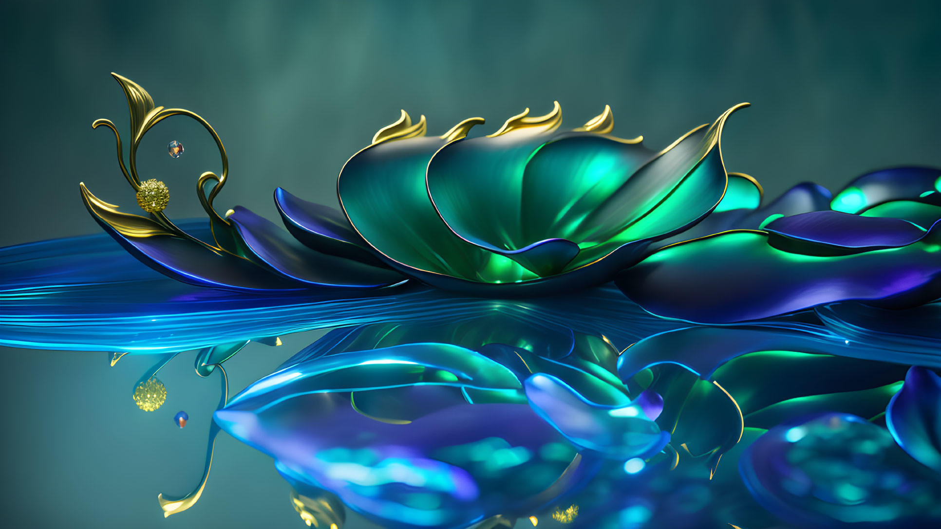 Colorful 3D artwork: glossy metallic leaves in blue, green, and gold on reflective surface