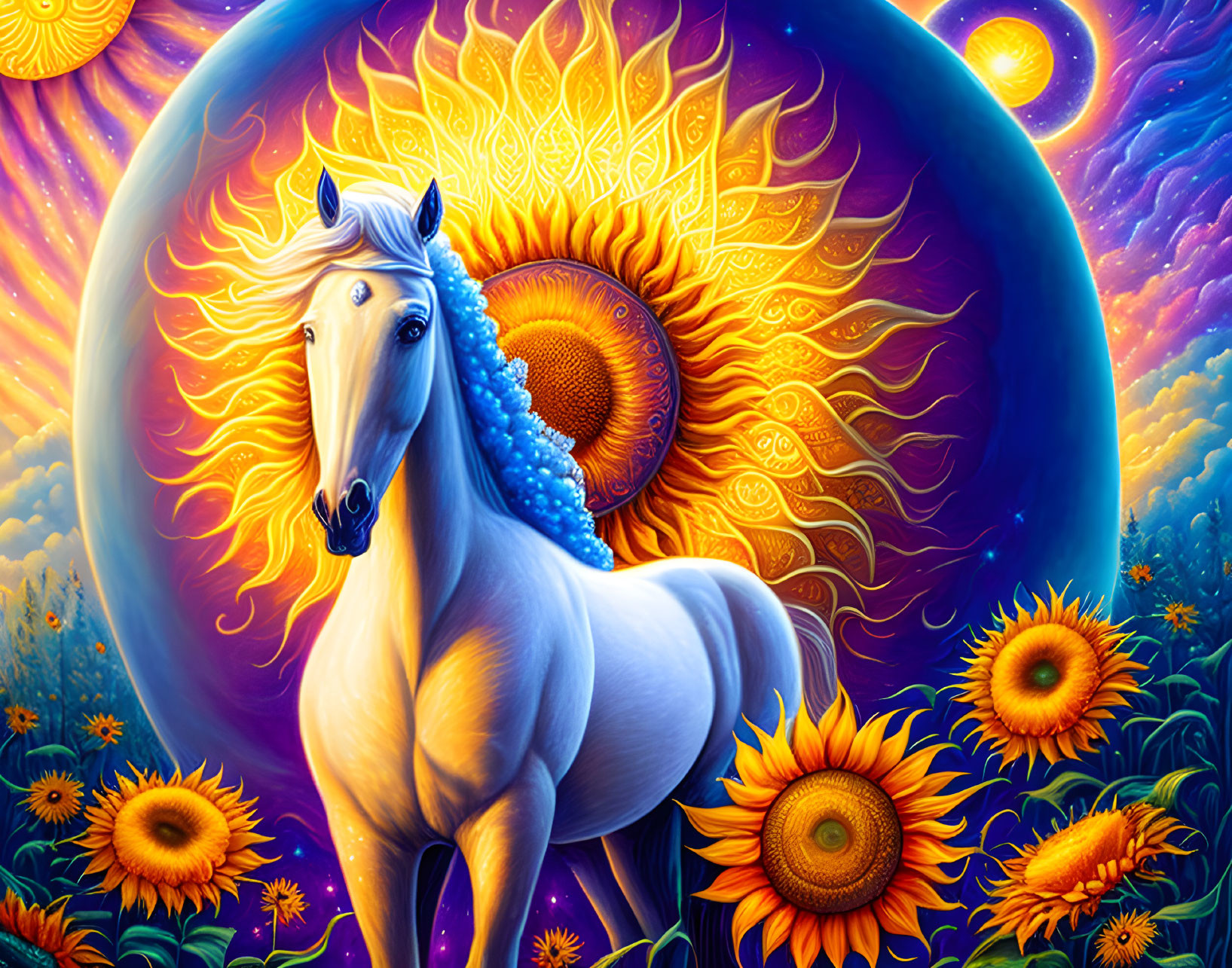 White horse with plaited mane in cosmic scene with sun, moon, planets, sunflowers