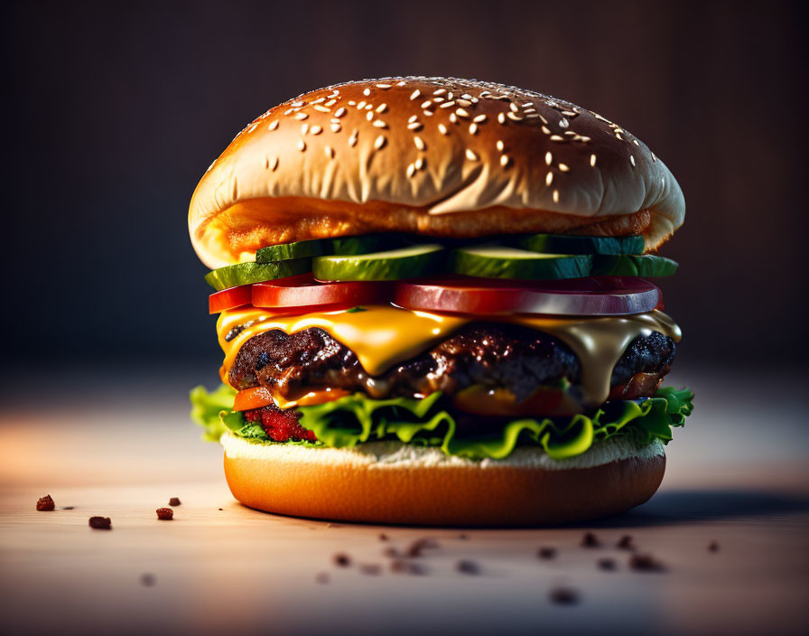 Double Cheeseburger with Lettuce, Tomato, Onions, Pickles on Sesame Seed Bun