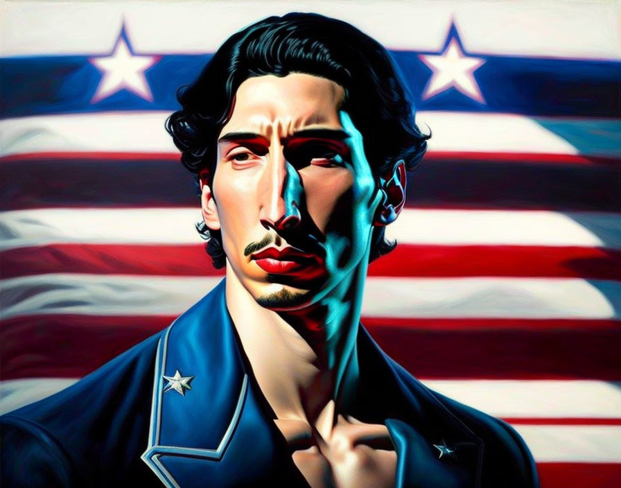 Stylized man portrait with American flag backdrop in red, white, and blue