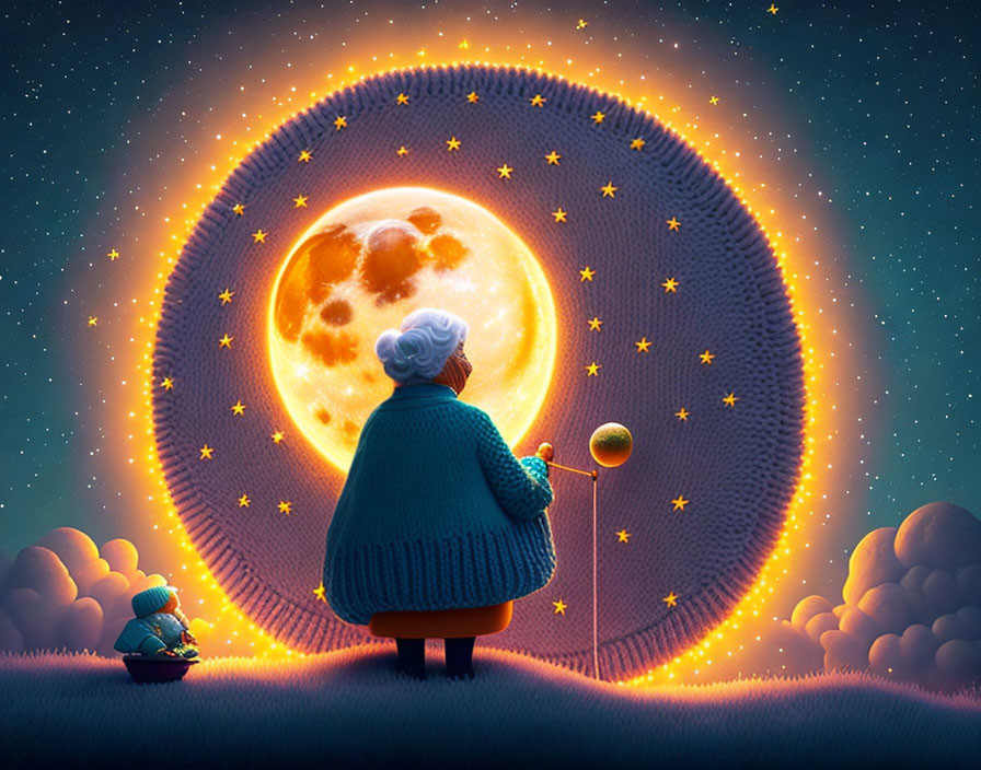 Elderly woman knitting starry night scene with child in surreal landscape