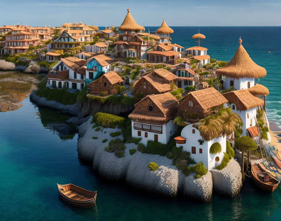 Thatched-roof seaside resort with lush landscaping and moored boats