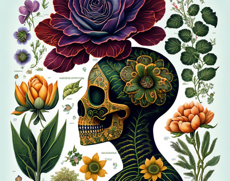 Human Skull Illustration with Floral Patterns and Botanical Drawings