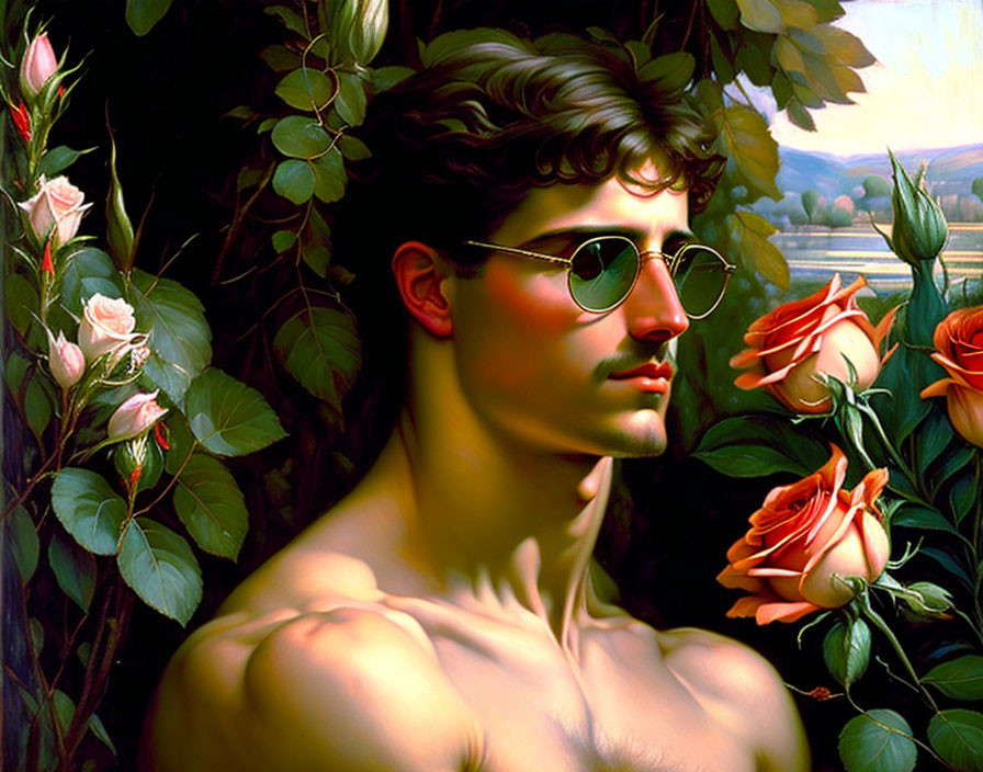 Portrait of young man with mustache and glasses among roses.