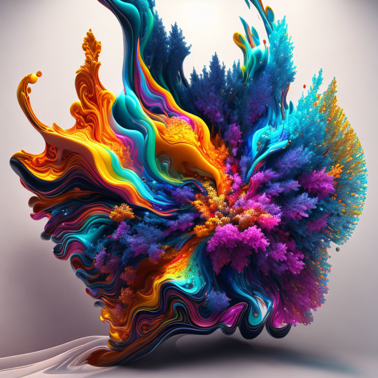 Colorful 3D abstract art with coral reef and paint elements