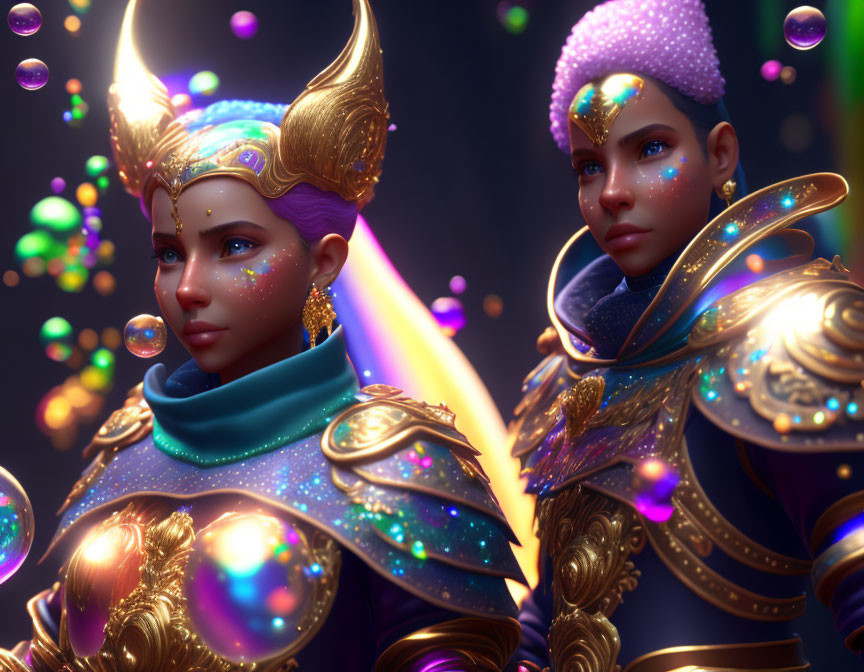 Two characters in ornate golden armor with glowing elements, surrounded by iridescent bubbles on a dark