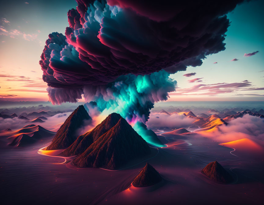 Vibrant surreal landscape with colossal cloud formation above lava rivers