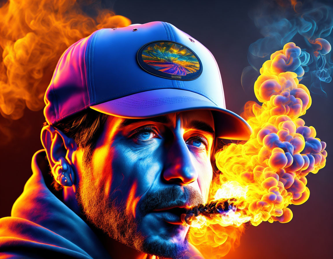 Bearded man in cap exhales colorful smoke on dark background