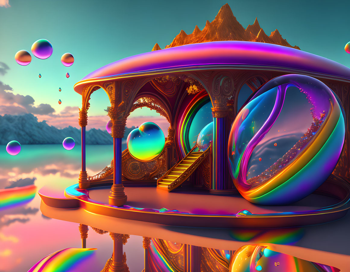 Colorful Pavilion and Iridescent Bubbles by Mountains and Lake