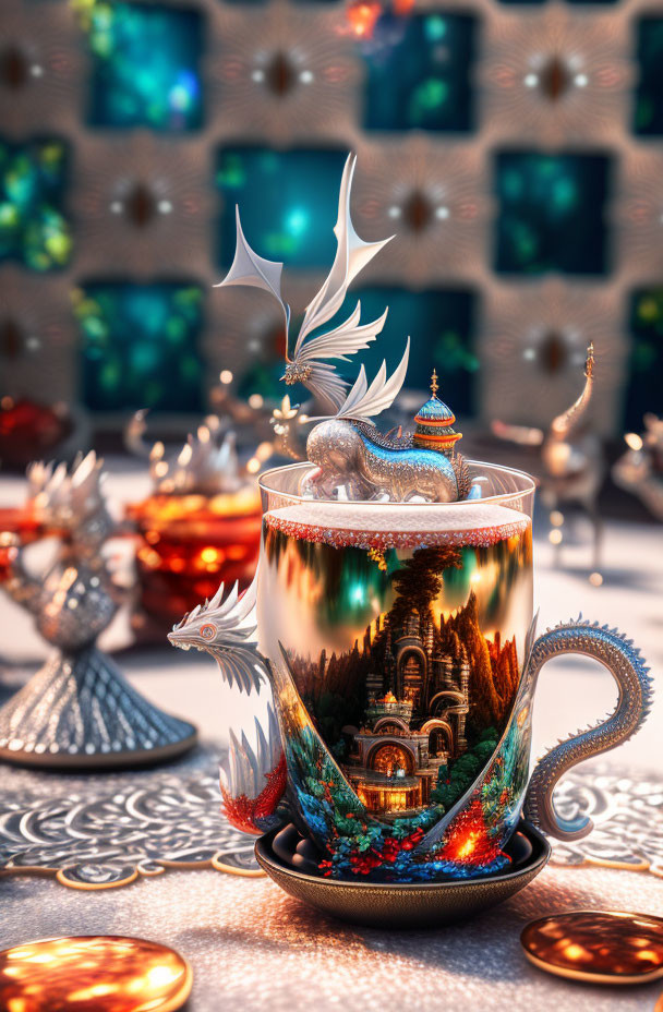 Whimsical cup with cityscape, dragon, paper birds, lanterns