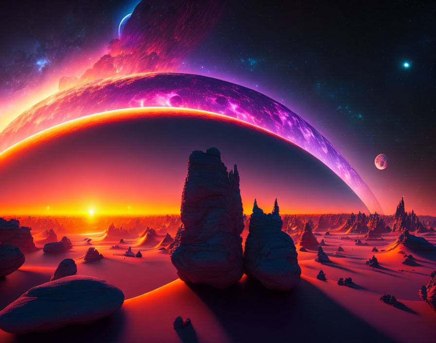Large ringed planet and purple nebula in vivid sci-fi landscape