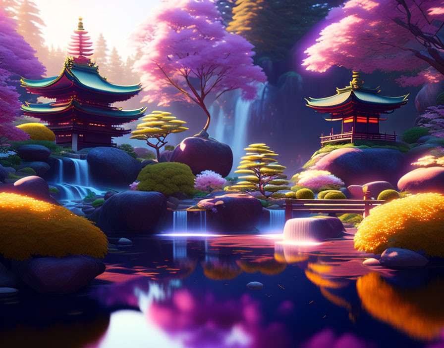 Tranquil Asian landscape with pagodas, cherry blossoms, waterfall, and pond