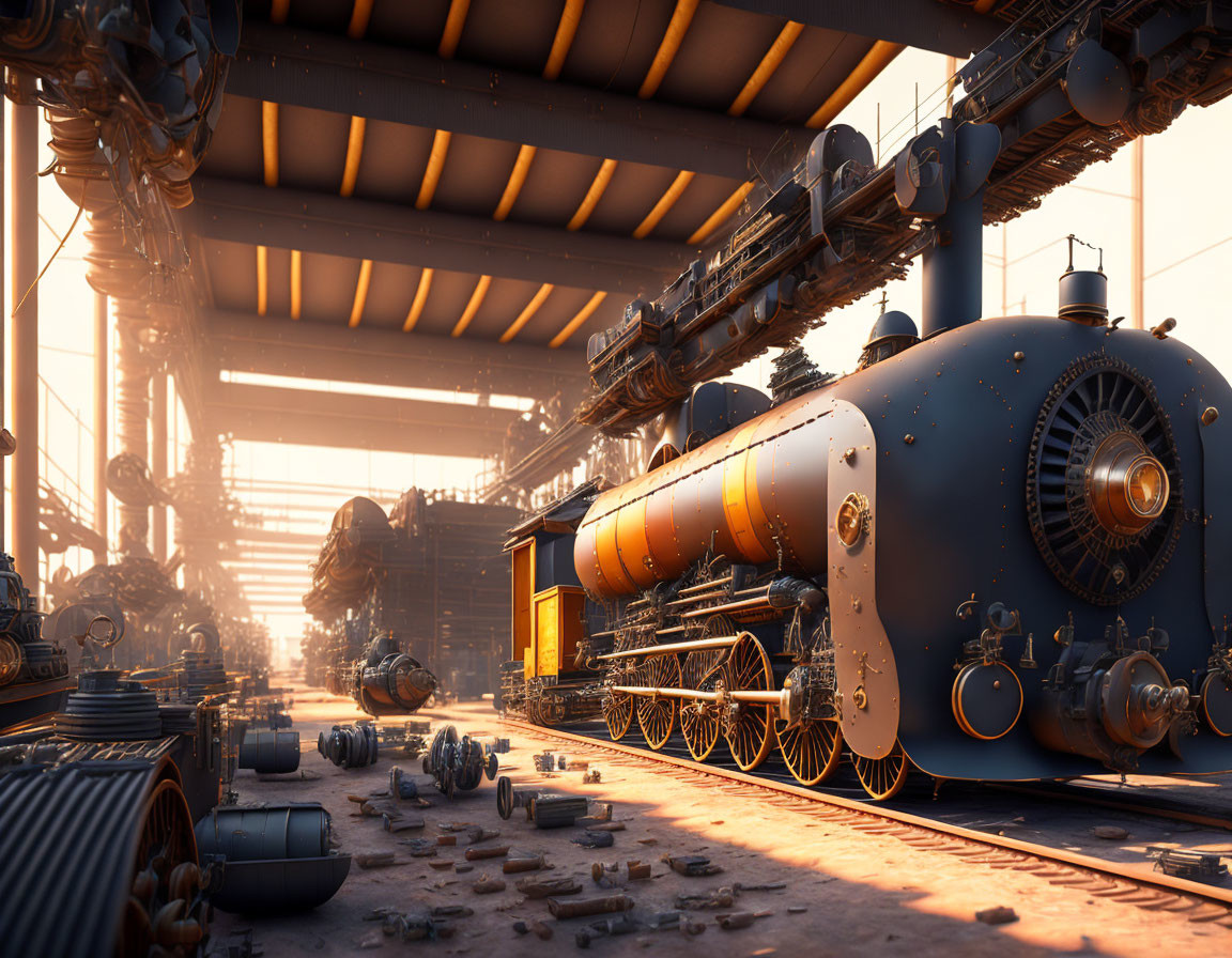 Steampunk-style locomotive in factory with intricate machinery